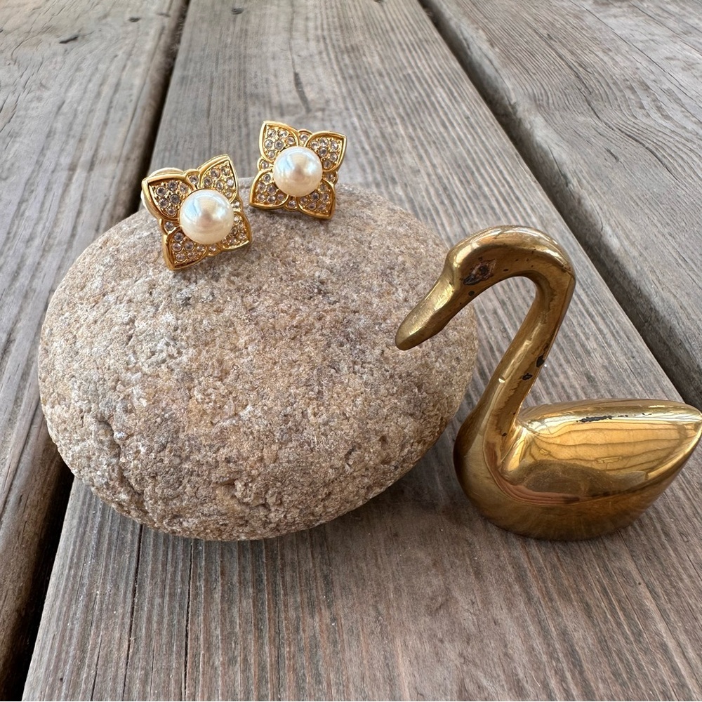 Swarovski Vintage Clip On Earrings Flower Faux Pearl Square Gold Rhinestone